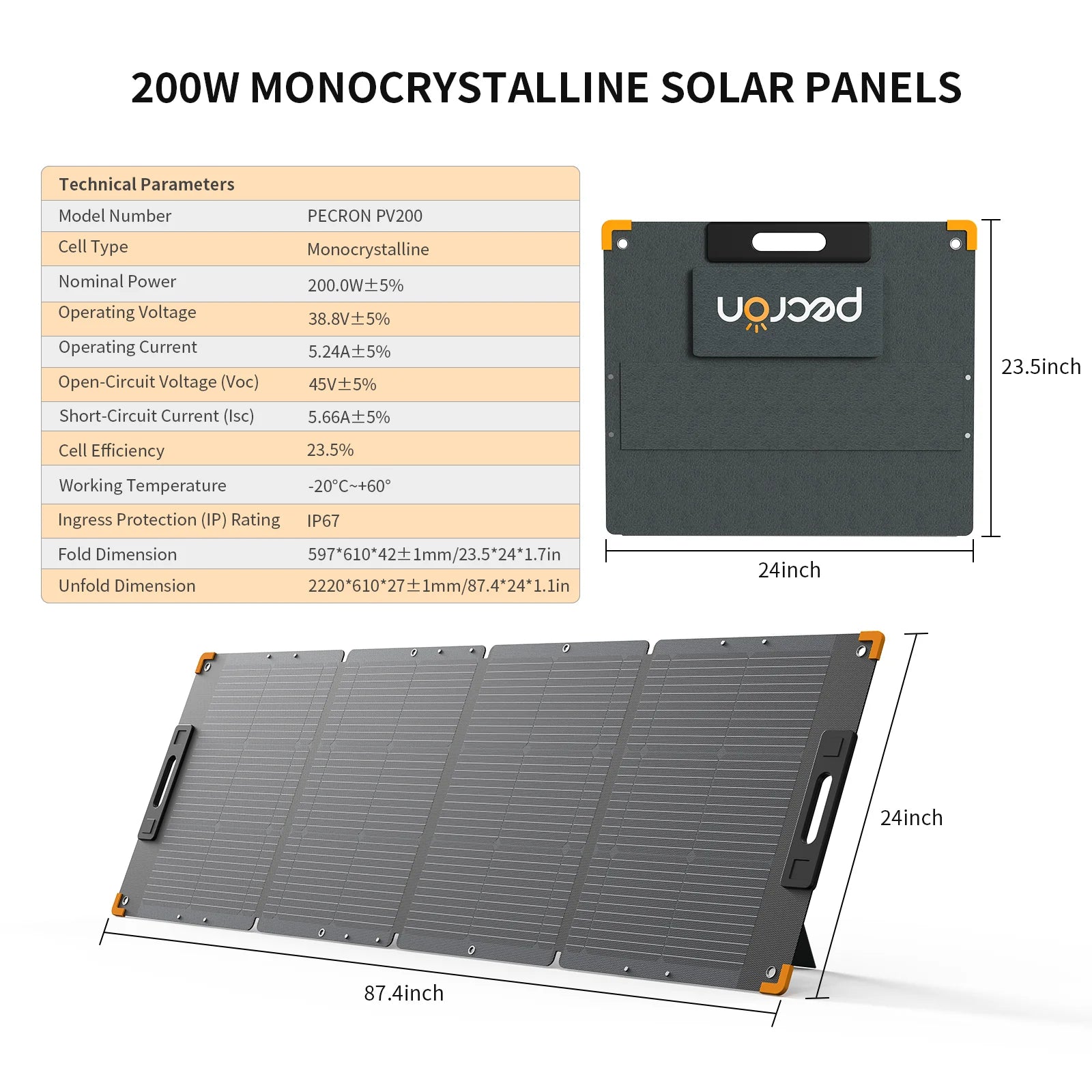 PECRON PV200 Portable Solar Panel | 200W 38V